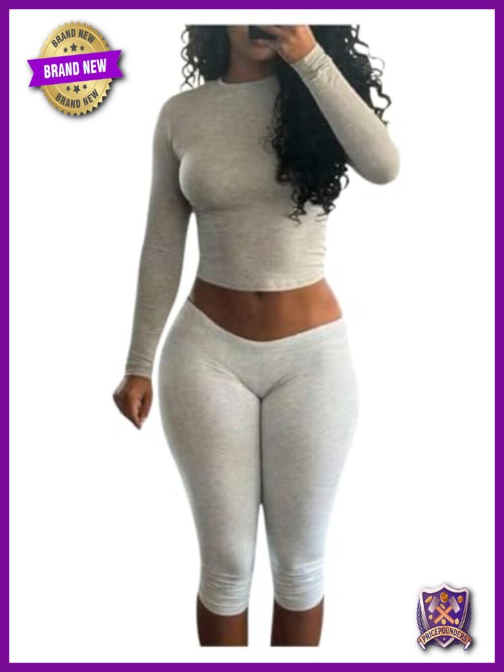 Women's 2 Piece Set Long Sleeve Crop Top Capri Pants Slim Fit Gym Set